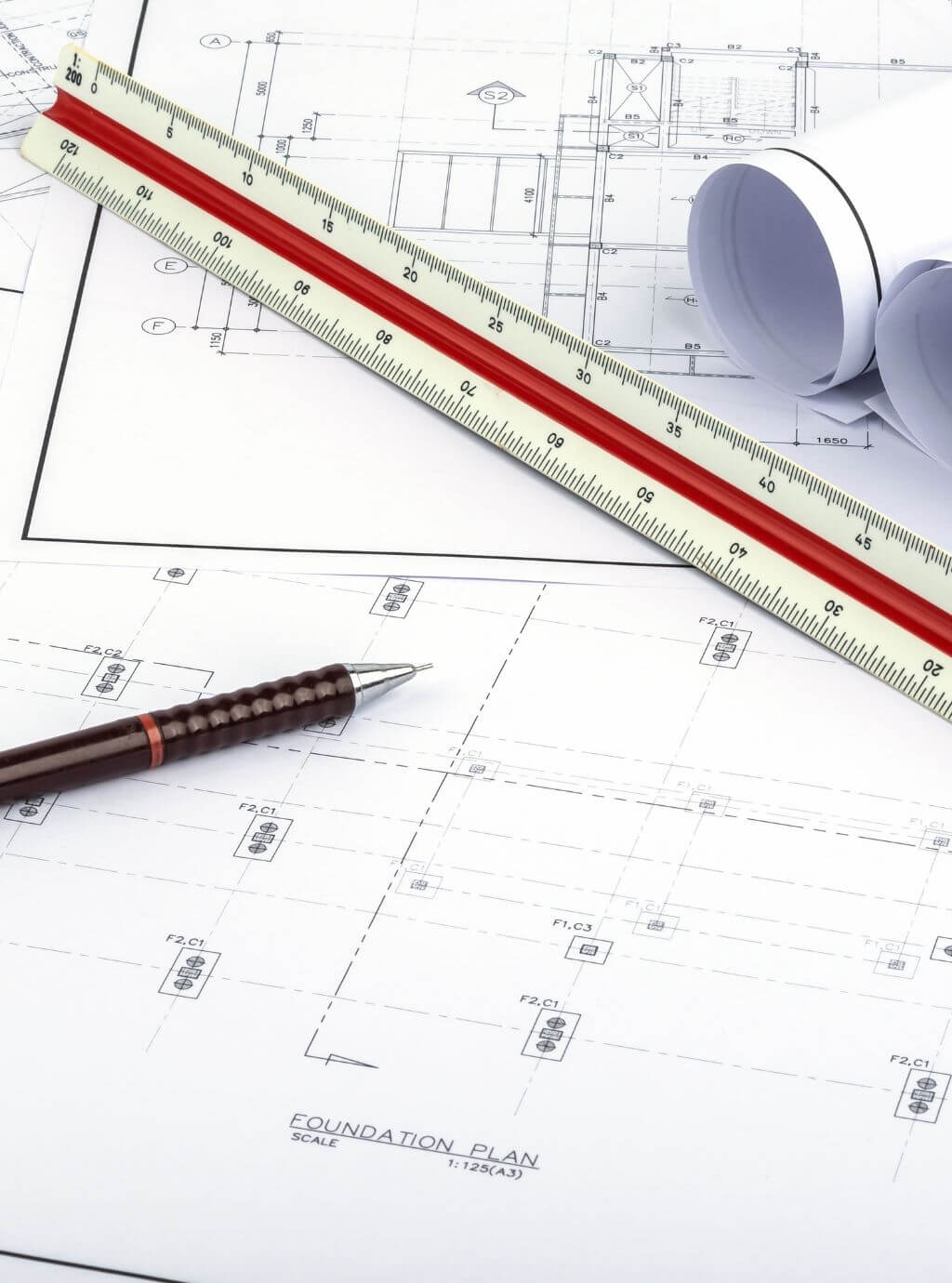 Blueprint of building foundation with precise measurements and structural details.